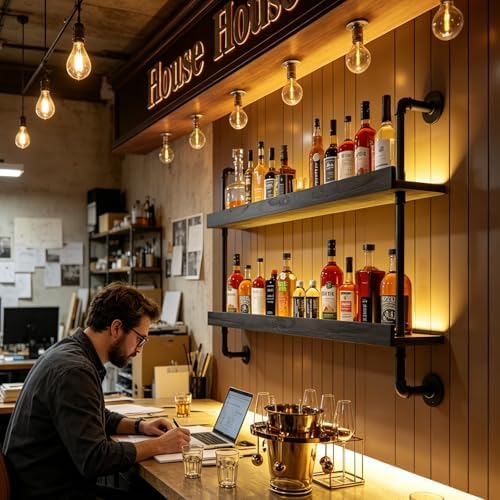 Wall Mounted Wine Rack with LED Light - 2-Tier Solid Wood Industrial Rustic Floating Shelves, Bottle Storage Organizer for Kitchen, Bar, Pub, Cellar, Home Bar (Black, 2-140cm/55.1in) - Image 5
