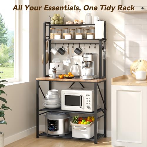 YASONIC Coffee Bar, Bakers Rack with Storage, 25.6 Inches Microwave Stand, 5 Tier Kitchen Shelves Appliance Storage, 12 S Hooks Large Coffee Station for Spices, Pots and Pans, Rustic Brown - Image 2