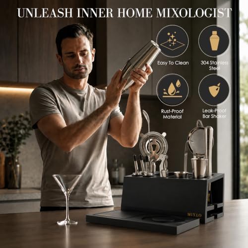 Mixology Bartender Kit -15Pcs Bar Set Cocktail Shaker Set w Black Bar Cart Accessories Stand - Shakers Bartending Silver Tools, 24oz Shaker, 17 Recipe Cards, Martini Barware - Image 6