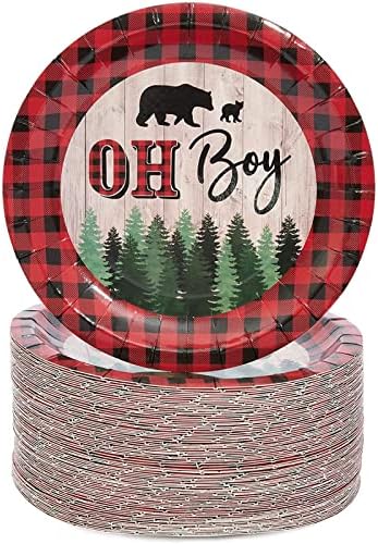 BLUE PANDA Lumberjack Paper Plates - 7-inch Round, Pack of 80, Black & Green Rustic Plaid - Buffalo Plaid Dessert Plates for Baby Boy Shower Party Pack by BluePanda