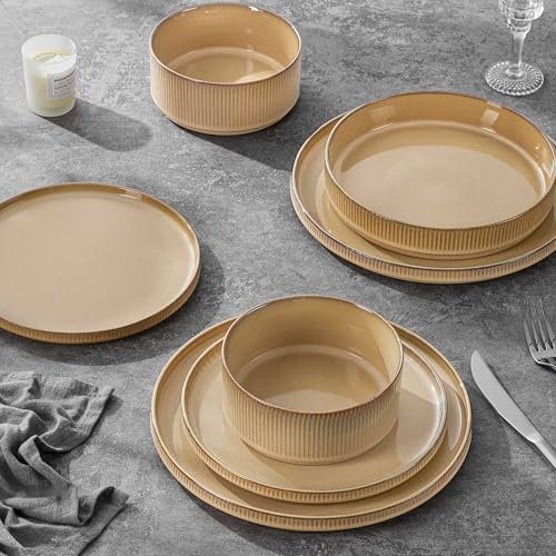 LIANYU 8 Piece Dinnerware Plates and Bowls for 2, Ceramic Elegant Stoneware Dishes Sets with Pasta Bowls, Modern Ribbed Dining Ware Dishware for Restaurant Wedding, Dishwasher Safe, Dune Khaki - Image 5