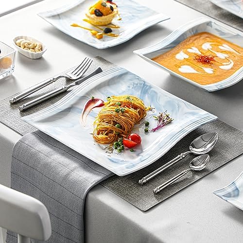 MALACASA Dinnerware Sets for 6, 30 Piece Porcelain Plates and Bowls Sets, Square Dish Set with Dinner Plate and Bowl, Cup and Saucer, Blue Dishes Dinnerware Set, Modern Dishware Sets, Series Flora - Image 6