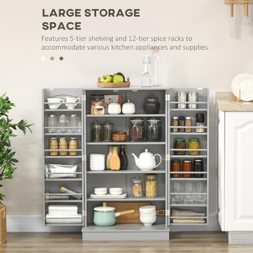 HOMCOM 41" Kitchen Pantry Storage Cabinet 12 Door Shelves Gray - Image 4