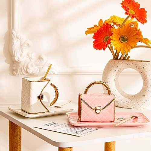 Zubebe 2 Sets Coffee Mug Elegant Handbag Shaped Cup,Pink White - Image 3
