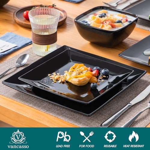 vancasso Soho Dinnerware Sets 12 Pieces, Black Stoneware Square Place Setting, Plates and Bowls Sets, Dinner Plate, Dishes Set for 4 - Image 3