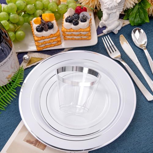 WELLIFE 600 Pcs Sliver Disposable Dinnerware for 100 Guests, Dinnerware Set of 100 Dinner Plates, 100 Salad Plates, 100 Spoons, 100 Forks, 100 Knives, 100 Cups - Image 4