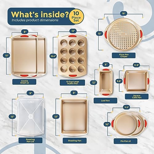 Perlli 10 Piece Baking Set - Nonstick Gold Steel Oven Bakeware With Silicone Handles, Cookie Sheets, Round Cake Pans, 9x13 Pan With Lid, Loaf Pan, Deep Pan, Pizza Crisper, Muffin Pan - Image 2