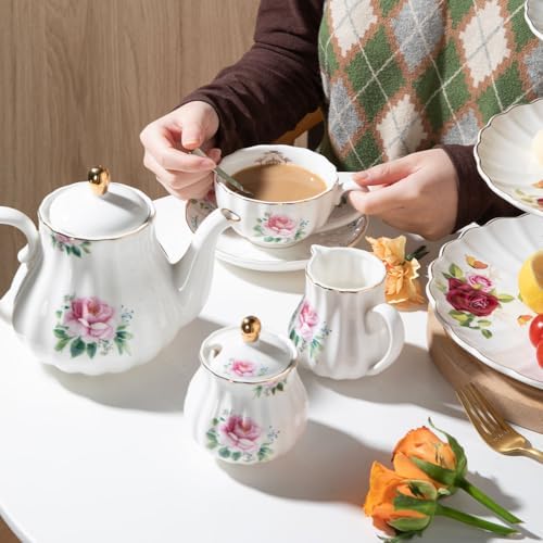 Porcelain Tea Sets British Royal Series, 8 OZ Cups & Saucer Service for 6, with Teapot Sugar Bowl Cream Pitcher Teaspoons and Tea Strainer, Suitable for High Tea, Wedding, Party(Blush Pink) - Image 6