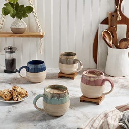 Tabletops Gallery Tuscan Collection Reactive Glaze 4 Piece Large 26 oz. Stoneware Soup Mug Set Kitchen Bowls Cups, Blue Teal Green Brown Pink - Image 4
