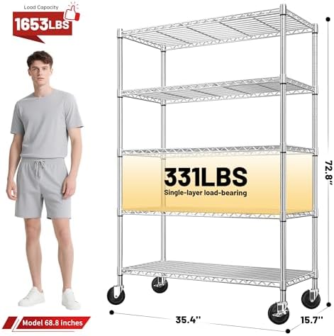 REIBII 72.8" Wire Shelving with Wheels,5 Tier 1653LBS Heavy Duty Shelves - Image 3