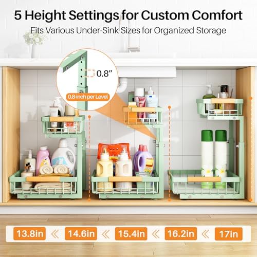 PXRACK Under Sink Organizer, Adjustable Height, 2 Tier Pull Out Under Cabinet Organizer, Slide Out Thickened Metal Under Sink Storage for Kitchen Bathroom Laundry Pantry Cabinet, Green, Large-1-Pack - Image 5