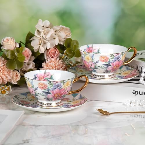 KAMMAK Tea Cups and Saucers Set of 2, Porcelain Coffee Cups, JBE018 - Image 7