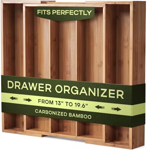 ROYAL CRAFT WOOD Carbonized Bamboo Kitchen Drawer Organizer - Silverware Organizer - Utensil Holder and Cutlery Tray with Grooved Drawer Dividers for Flatware and Kitchen Utensils, 5 Slot by ROYALCRAFTWOOD