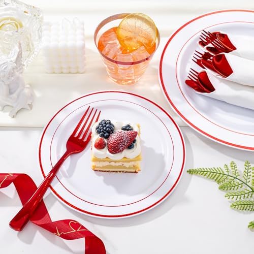 WELLIFE 350-Piece Red Plastic Party Dishware Set - 50 Dinner Plates, 50 Dessert Plates, 50 Cups, 50 Plastic Cutlery - Image 5