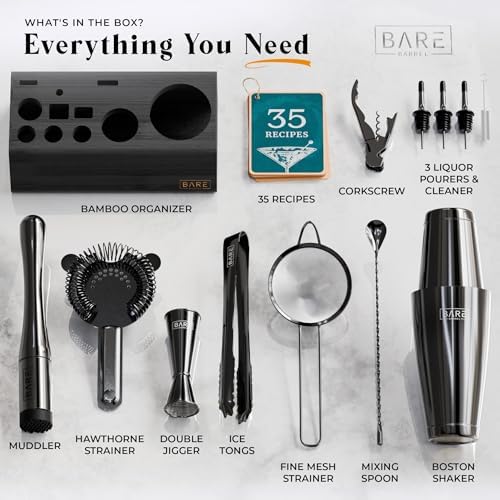 BARE BARREL® Mixology Bartender Kit Bar Set | 14-Piece Cocktail Shaker Set | Martini Barware Mixing Tools for Home Bartending | Incl. 35 Recipe Cards | Gift Set (28oz Boston Shaker, Jet Black/Black) - Image 4