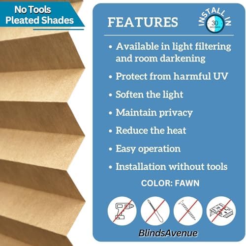 BlindsAvenue No Drill Cordless Pleated Fabric Shades, Fawn, 51" W x 64" H - Image 2