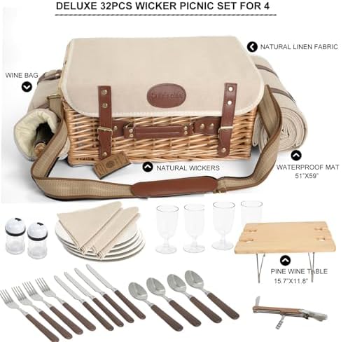 Multifunctional Wicker Picnic Basket Set for 4 with Blanket and Picnic Table, Insulated Picnic Set with Full Tablewares for Camping Outdoor Couples,Natural - Image 5