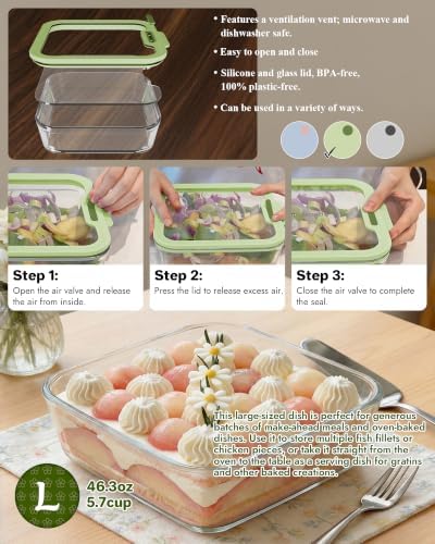 1-Pack Glass Food Storage Containers with Tempered Lids, 5.7Cup Borosilicate Glass Meal Prep Containers, Airtight & Oven-Safe (-4°F~950°F), BPA-Free, （Olive green） - Image 3