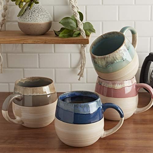 Tabletops Gallery Tuscan Collection Reactive Glaze 4 Piece Large 26 oz. Stoneware Soup Mug Set Kitchen Bowls Cups, Blue Teal Green Brown Pink - Image 6