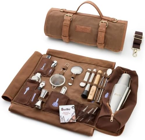 Barillio Bartender Kit Bag with Cocktail Shaker Set - Waxed Canvas, Traveling Bar Tools Bag with 17-Pc Cocktail Kit - Travel Mixology Bartending Kits - Mobile Bar Roll with Strap & Accessories by Barillio