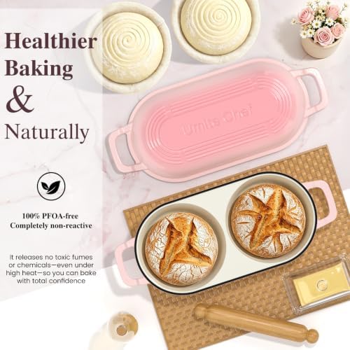 Umite Chef Dutch Oven for Sourdough Bread Baking – Enamelled Cast Iron Bread Loaf Pot – 500°F Oven Safe– Double Round Loaf Space, 16.5“ Diameter, 5" Banneton Proofing Baskets & Cotton Potholders(Pink) - Image 5