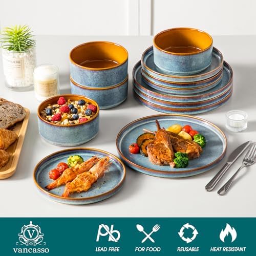 vancasso ONION Ceramic Plates and Bowls Sets for 4, 12 Pieces Stoneware Dinnerware Sets, Reactive Glaze Dishes Set for Kitchen, Dishwasher and Microwave Safe, Blue - Image 3