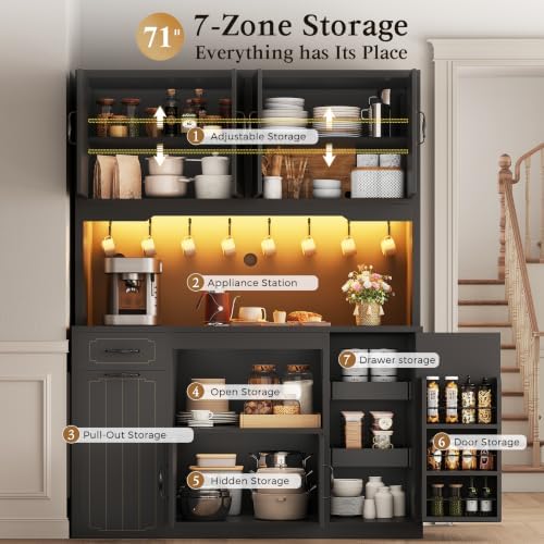 Fluted Kitchen Pantry Cabinet with Charging Station & LED Light, 47" Wide Kitchen Pantry Storage Cabinet with Countertop, Microwave & Appliance Storage, Food Pantry Cabinet for Dining Room ,Black - Image 3
