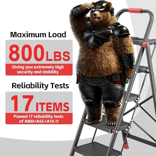 4 Step Foldable Step Ladder with Mutifunctional Tool Tray, Platform Ladders Stepstools, Step Stool 4 Step Folding with Non-Slip Pedals, 800lbs Bearing Capacity for Adults, Home, Kitchen, Black Red - Image 2