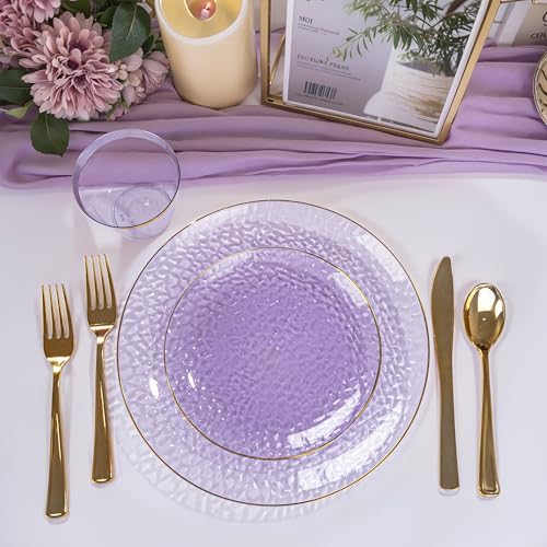 Rubtlamp 350 Pcs Clear Purple Plastic Plates, Gold Plastic Dinnerware Set (50 Guests), Purple Disposable Plates With Gold Rim, Hammered Party Plates Set for Wedding And Party - Image 5