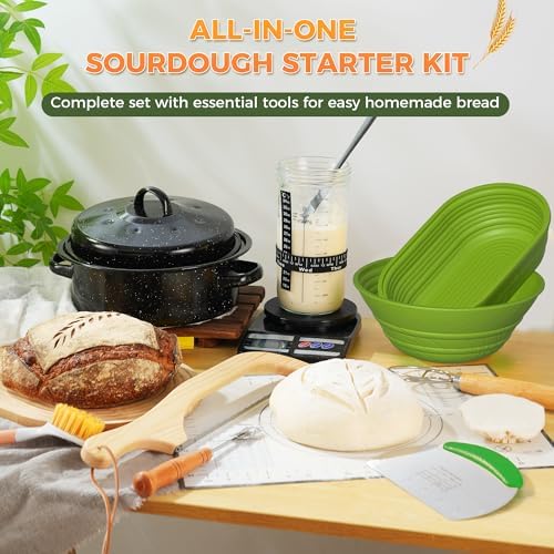 Sourdough Starter Kit for Beginners, 34 oz Starter Jar with Scale Marking, 2 Silicone Proofing Baskets, Complete Bread Baking Kit with Guide & Recipes, Easy to Use & Clean - Green - Image 5