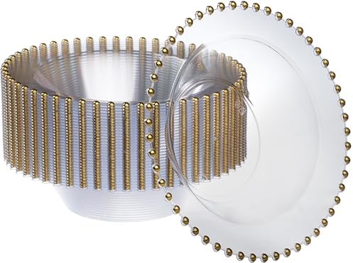 PLASTICPRO 32 Piece Plastic Dinner Plates Bowls Disposable Plastic Fancy Heavy Duty Party Dishes 12 oz Clear and Gold Bead Bowls by PLASTICPRO