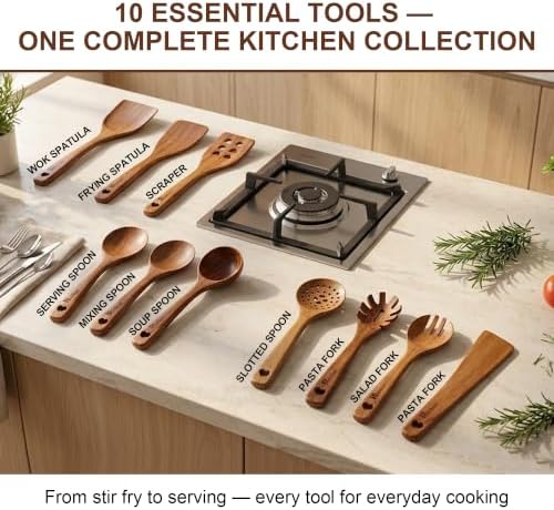 Acacia Wood Utensil Set,10 Piece, Heart Series Wooden Cooking Tools with Long Handle Wok Spatula, Serving Spoon, Slotted Spoon, Frying Spatula, Soup Spoon and Kitchen Utensils Gift Set - Image 2