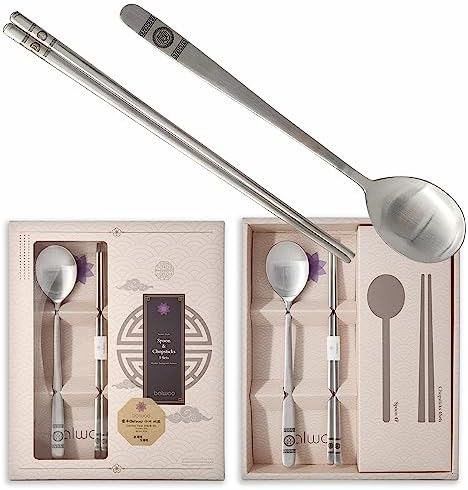 [5 Sets] [Made in Korea] Korean Sticky Rice Spoon Chopsticks Set Gold Titanium Plating 304 Stainless Steel Tableware Cutlery Set Mukbang Chopsticks (Korean Palace Pattern, 5 Sets) by KoreanPremiumKitchenware