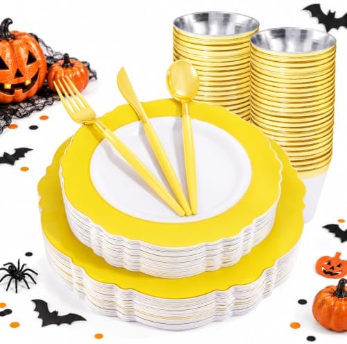 WDF 150pieces Yellow Disposable Dinnerware Hign-end Baroque Design - Sturdy&Durable Baroque Yellow Sunshine&Gold Plastic Dinnerware for Upscale Wedding/Birthday/Party by WDF