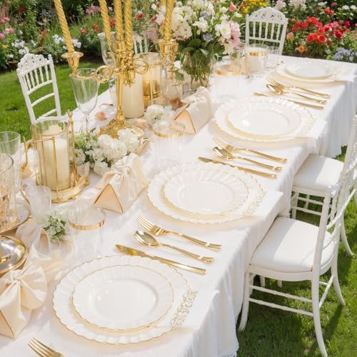 YOUBET 175PCS Ivory Scalloped Plastic Plates for Party Wedding - Image 3