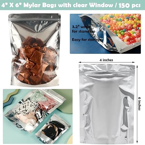 150-Pack Reclosable Small Mylar Bags for Food Storage 4" x 6" Stand Up Pouch Bags in Bulk Resealable Smell Proof Aluminum Silver Foil Bags with Clear Window Kitchen Storage Edible Packaging - Image 4