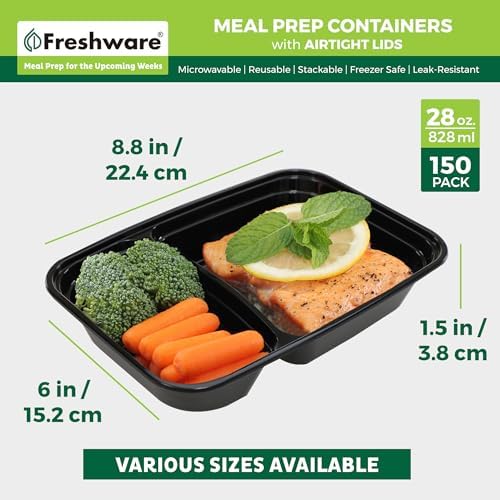 Freshware Meal Prep Containers with Lids 28 oz [150 Pack] 2-Compartment Food Storage Containers, Bento Box Lunch Containers, BPA Free, Airtight, Stackable, Reusable, Microwave/Dishwasher/Freezer Safe - Image 4