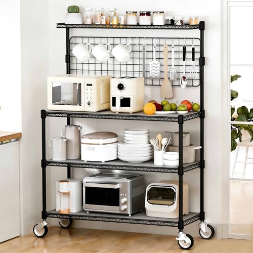 Bakers Rack with Storage & Wheels, 42In Microwave Stand Kitchen Shelves by Leteuke