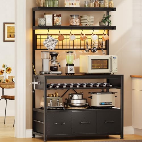 Itaar Bakers Rack with Storage and Power Outlet, 35.4 inch Coffee Bar Cabinet, Microwave Stand Kitchen Cabinet with Hutch, LED Lights, Wine Rack and Hooks (Black) by Itaar