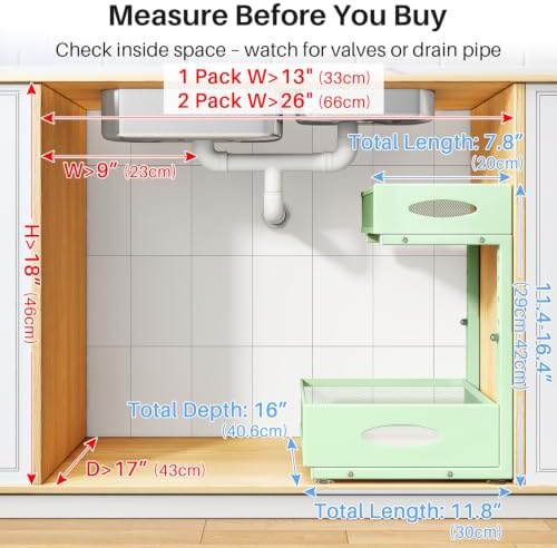 Under Sink Organizer, 2 Pack 2 Tier Pull Out Under Cabinet Organizer Shelf with Pad for Framed Cabinets, Metal Slide Out Under Sink Storage, Mesh Sliding Drawers for Kitchen Bathroom Laundry, Green - Image 2