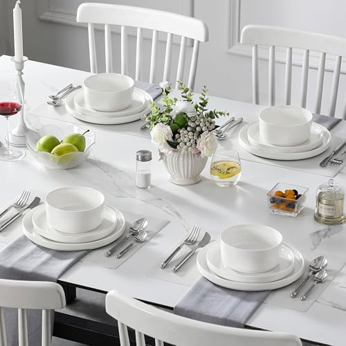 MALACASA 12 Pieces Porcelain Dinnerware Set, Modern White Dish Set for 4, Premium Serving Plates and Bowls Sets, Chip and Scratch Resistant Dishware Sets Kitchen Dishes Dining Ware Set, Series LEAH - Image 5