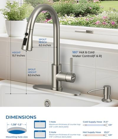WEWE Kitchen Faucet with Soap Dispenser, Brushed Nickel Pull-Down Sprayer - Image 2