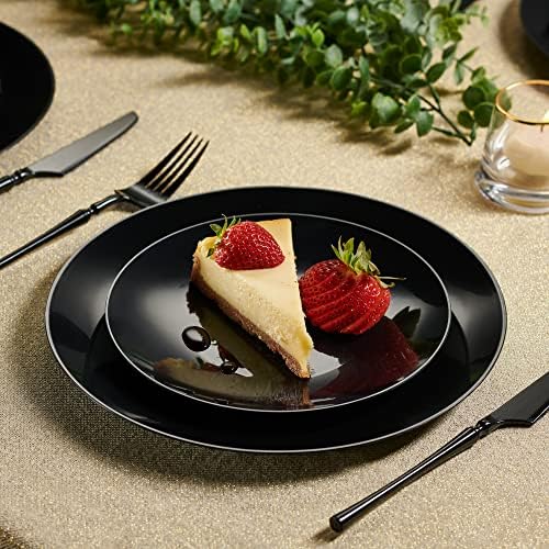PLASTICPRO 32 Piece Combo Plate Set includes 16-7'' inch Plates & 16-10'' inch Plate Black Plates with Silver Rim Plastic PartyPlate Premium heavyweight Elegant, Disposable, Tableware, Dishes, - Image 4