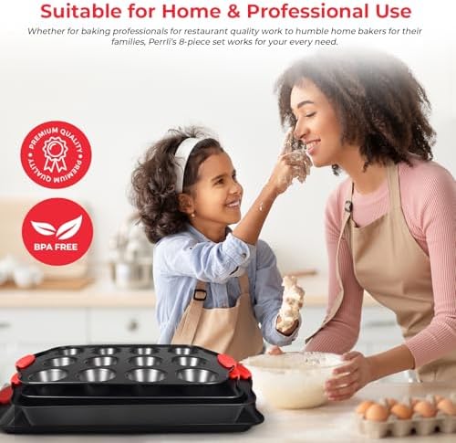 PERLLI Non-Stick 8-Piece Baking Pan Set, BPA-Free Carbon Steel Bakeware Set with Silicone Handles, Stackable Kitchen Oven Set, Cookie Sheet, Baking Tray, Baking Sheet Set, Oven Safe (446°F) - Image 5