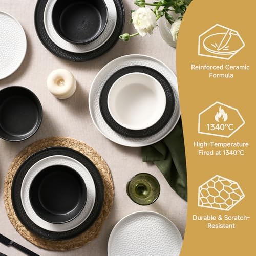KINGSTONE 12-Piece Hammered Ceramic Dinnerware Sets, White - Image 4