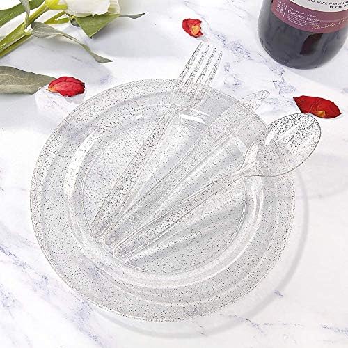 WDF 120PCS Silver Plastic Plates- Disposable Silver Glitter Plates - 60Pcs 10.25" Dinner Plates and 60 Pcs 7.5" Salad Plates for Wedding/Birthday/Party - Image 2