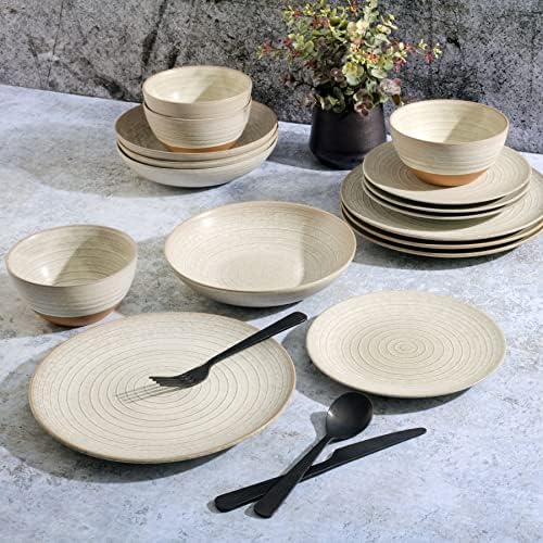 Gibson Elite 16 Piece Dreamweaver Double Bowl Terracotta Reactive Dinnerware Set - Sand Cream, Service for 4 (16pcs) - Image 4