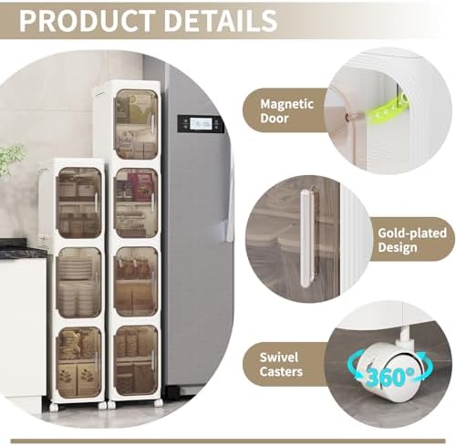 5 Tier Slim Bathroom Storage Cabinet, Foldable and Movable, White - Image 4