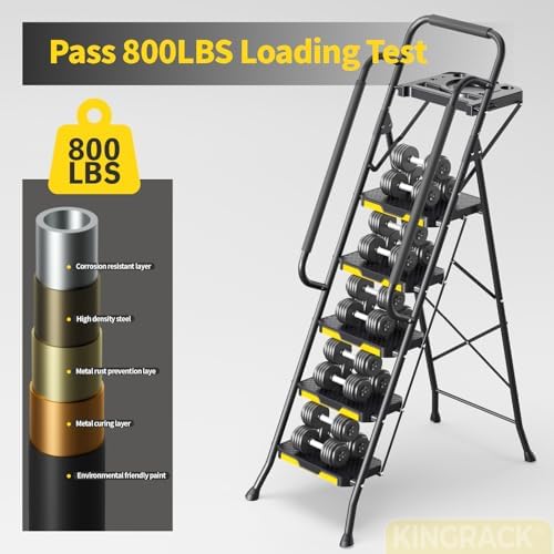KINGRACK 5 Step Ladder, Sturdy Steel Step Stool with Anti-Slip Wide Pedals, Handrail, Safe-Lock Design, 800lbs Folding Portable Ladder for Multi-Purpose, Home, Kitchen - Image 2