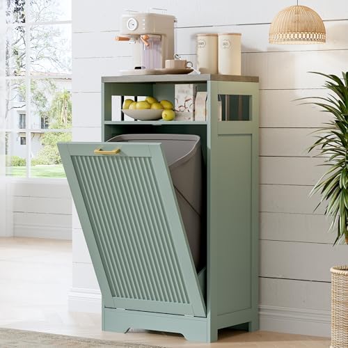 Pet-Proof Single 13 Gallon Tilt Out Trash Can Cabinet with Open Storage – Hide Garbage & Recycling Bins to Keep Your Kitchen Clean and Organized,Green by JMHDYG